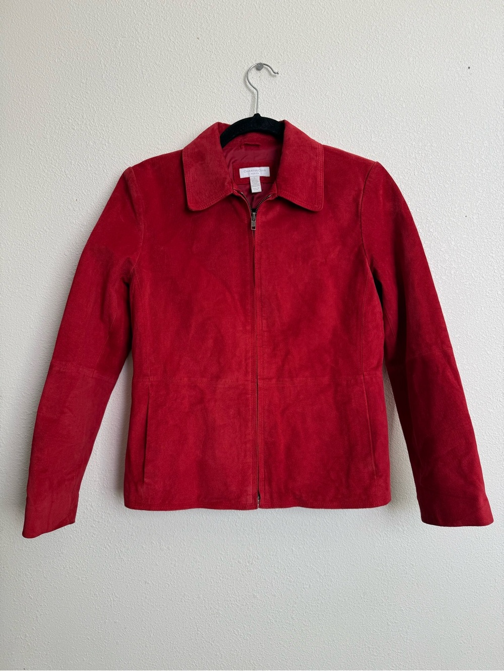 Charter Club Petite Red Suede Leather Jacket Y2K Moto Zip Front 90s Minimalist - Picture 2 of 13